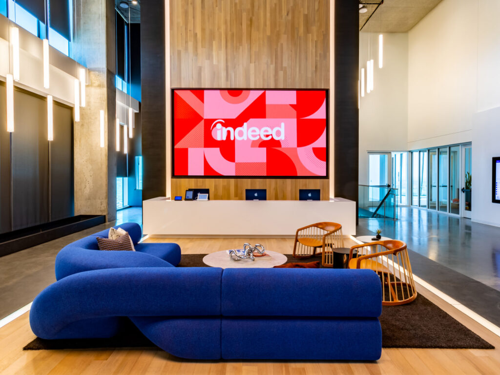 Direct-view LED displays provide a large, bright, and versatile platform to deploy important messaging in multiple languages while maintaining a sustainable and green culture at Indeed.