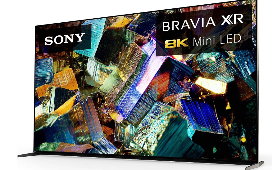 Image of the Sony Bravia XR 8K Mini LED TV, showcasing its sleek, frameless design with vibrant, crystal-like imagery displayed on the screen. The TV features advanced 8K resolution and Mini LED technology, offering stunning picture quality with rich colors and deep contrasts. The Sony and Bravia XR 8K Mini LED branding is prominently visible in the top left and right corners of the screen.