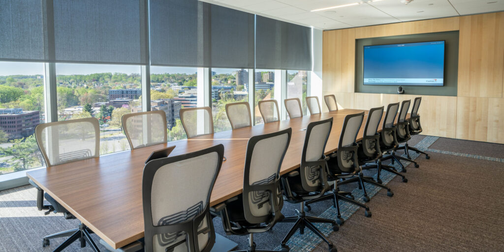 Capital One C-Level Conference Rooms use direct-view LED 1.5mm pitch displays that allows users to experience bright images even with the window shades up.