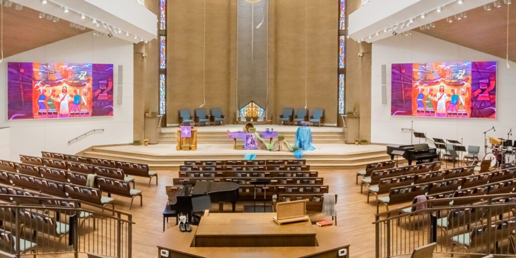 The Wellshire Sanctuary features a video display upgrade with two 181” x 102” direct-view LED wall systems flanking the chancel area to provide congregants with an enhanced viewing experience