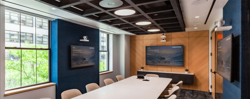 Crestron highlights the corporate equipment in office spaces.