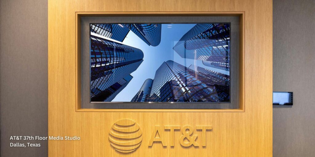 Two 17’ x 10’ direct view LED walls mirrored on opposite ends, and four custom kiosks with 85-inch displays to present high-end media content and ten 50-inch 4K displays make up the video wall in the control room at AT&T.
