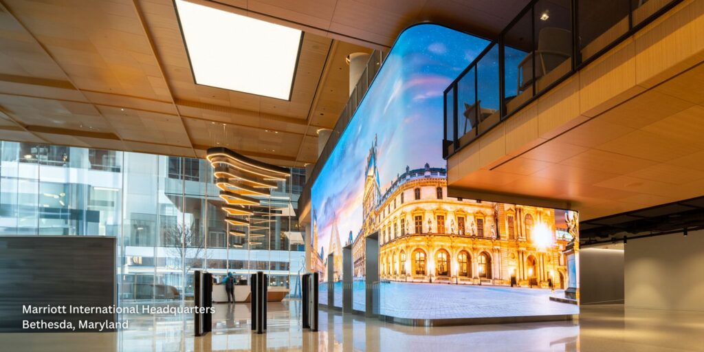 Marriott International headquarters lobby showcases a 22’x80’ direct view LED wall for creative expression and regular content updates.