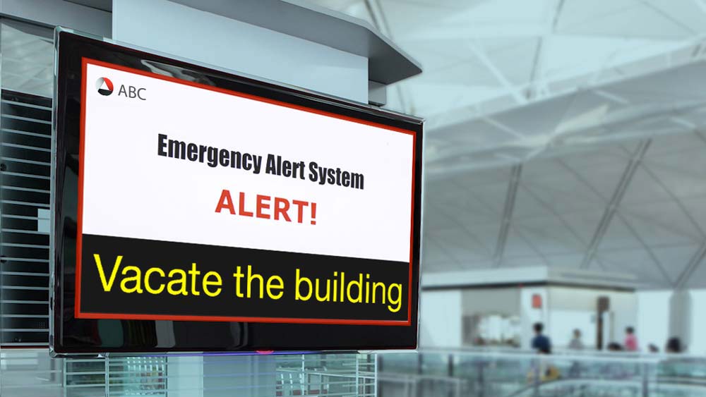 Digital signage featuring emergency alert.