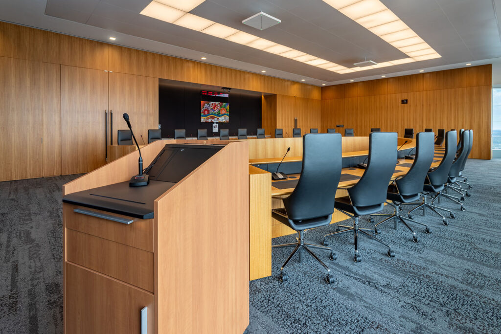 10” touch panels allow users full control over the Boardroom’s IPTV video system and Webex/Teams throughout the building for Woodside Energy